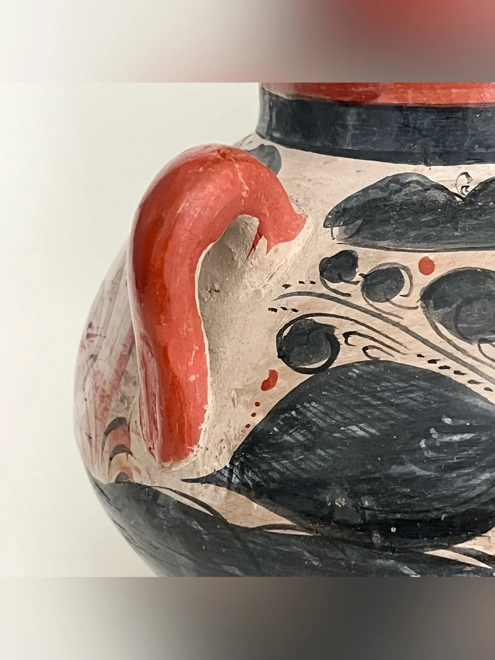 Vintage Mexican Tonala Hand Painted Pottery Vase w/Handles Floral Black Orange